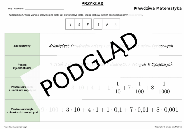 Ćwiczenia z kartami do gry - ułamki zwykłe i dziesiętne