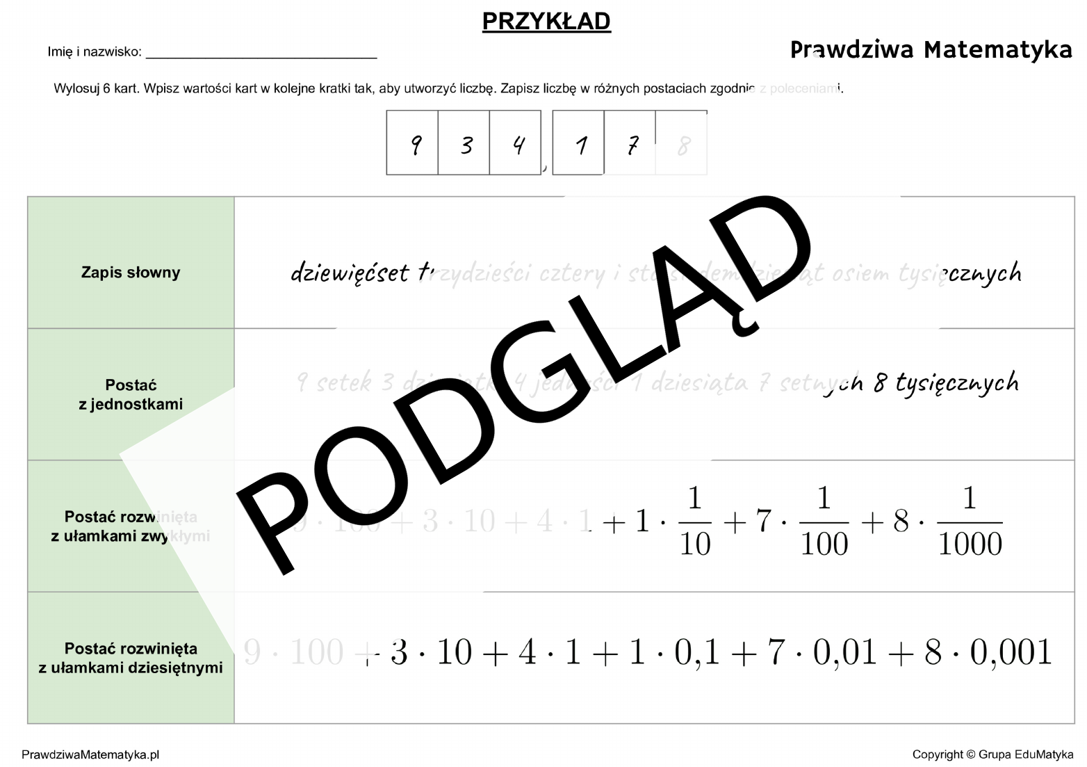 Ćwiczenia z kartami do gry - ułamki zwykłe i dziesiętne