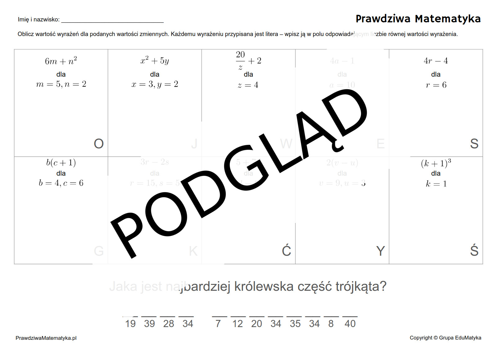 Obliczanie wartości wyrażeń algebraicznych - karta pracy z szyfrem