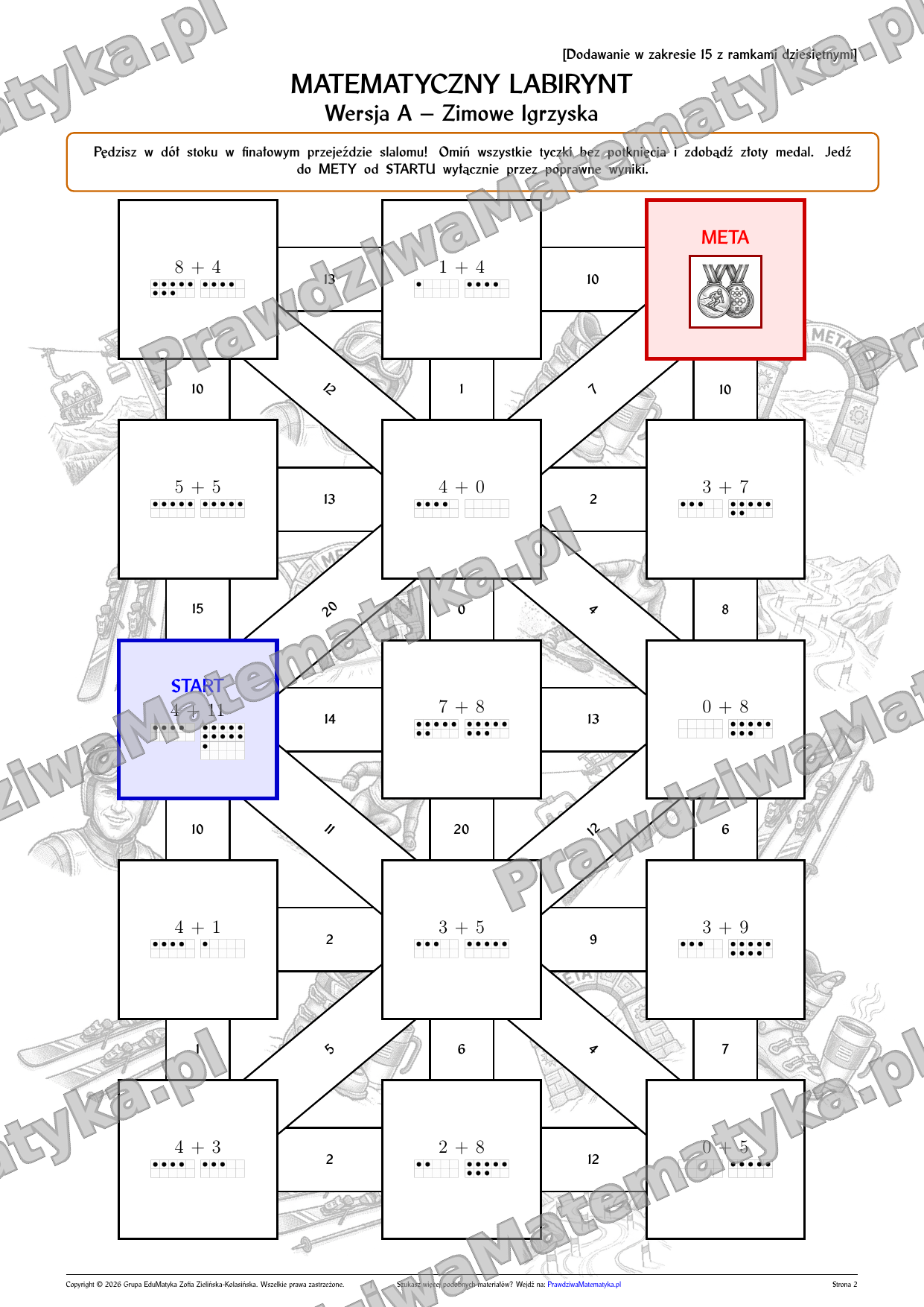 Labirynty matematyczne - Dodawanie w zakresie 15 z ramkami dziesiętnymi