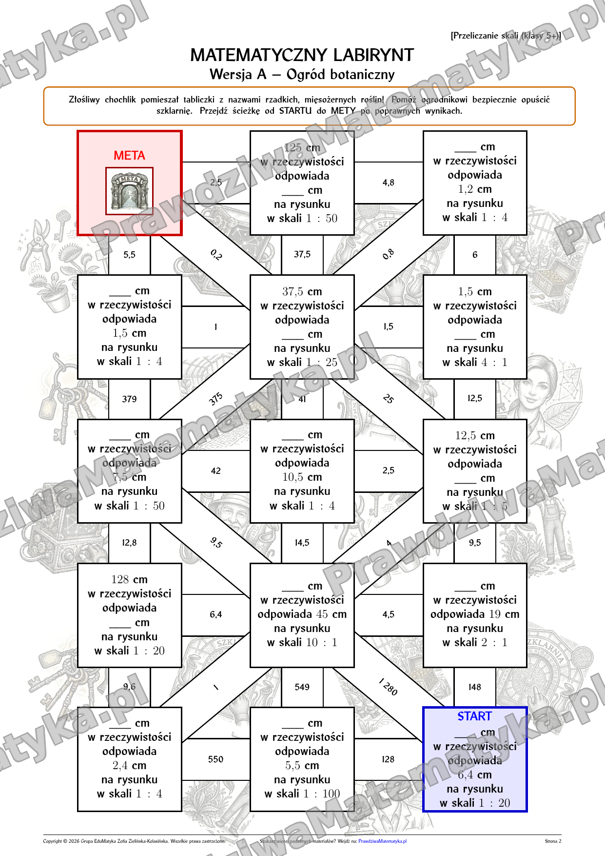 Labirynty matematyczne - Przeliczanie skali (klasy 5+)
