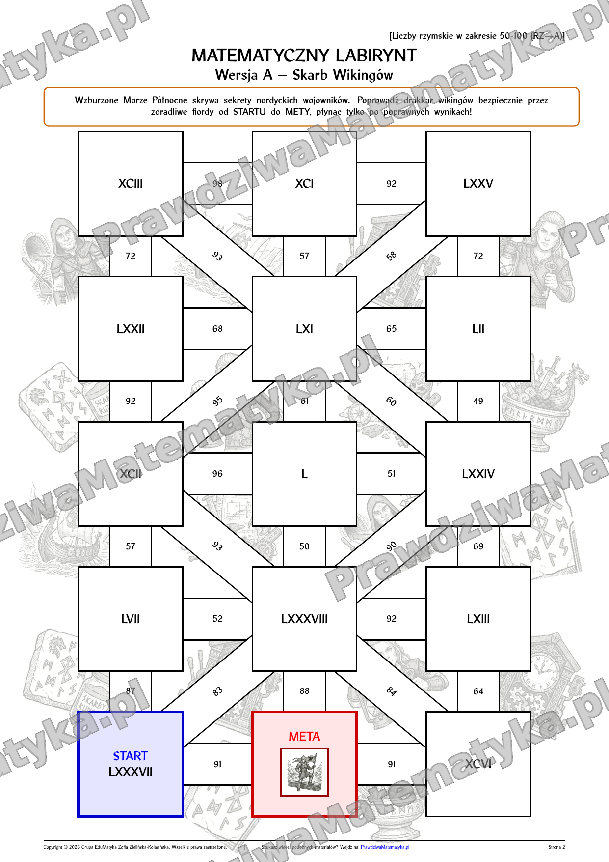 Labirynty matematyczne - Liczby rzymskie w zakresie 50-100 (RZ→A)