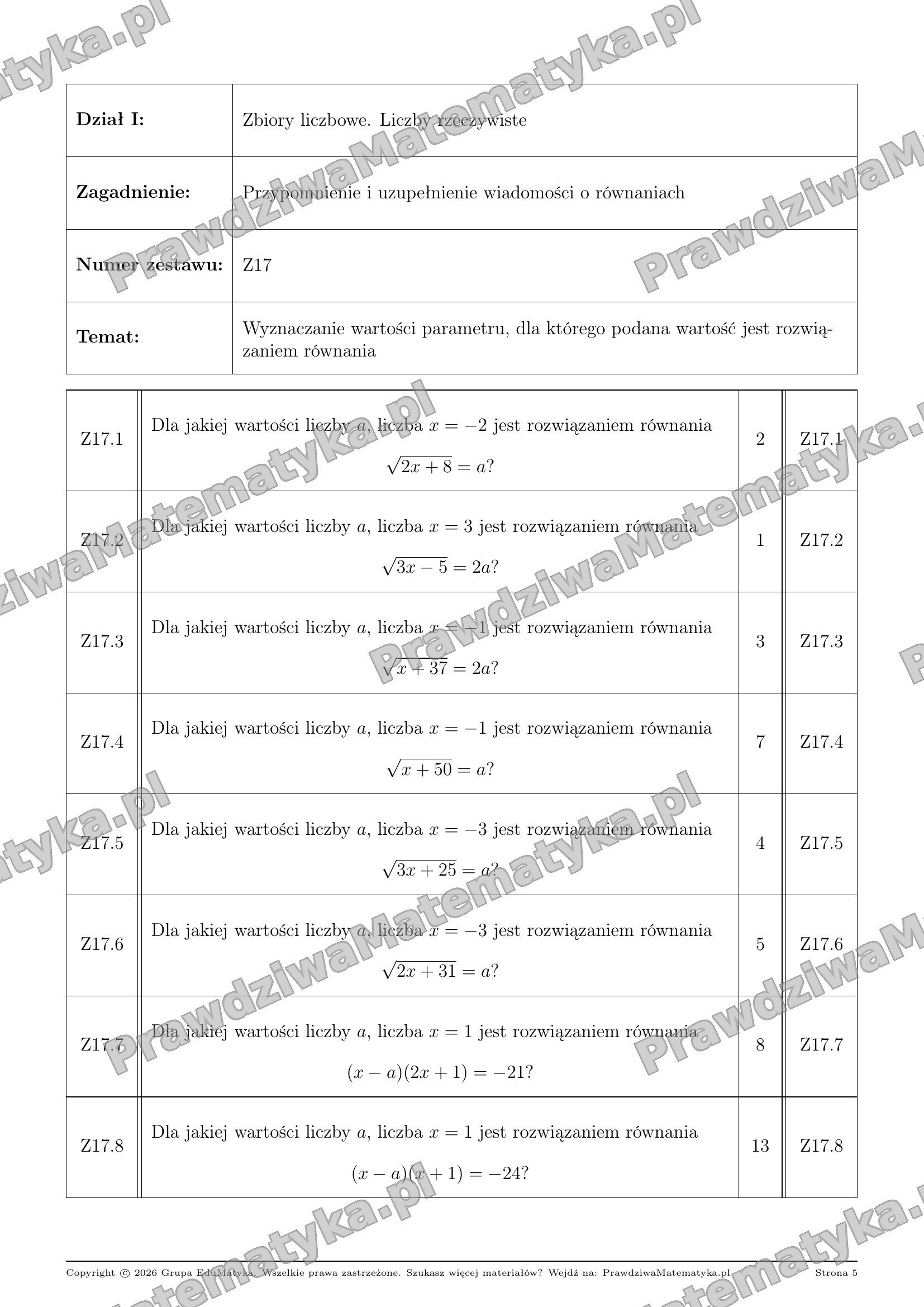 Bingo Liceum 1.1.17 - Wyznaczanie wartości parametru, dla którego podana wartość jest rozwiązaniem równania - obrazek 2