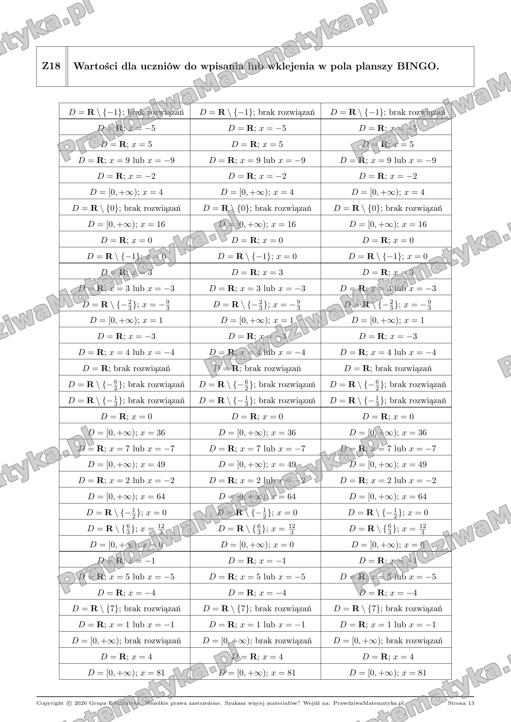 Bingo Liceum 1.1.18 - Określanie dziedziny i rozwiązywanie równań - obrazek 3