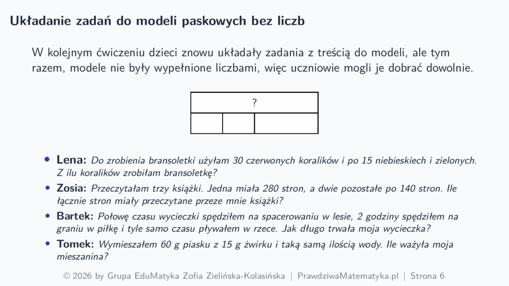 Domowa Akademia - Układanie zadań do modeli paskowych bez liczb